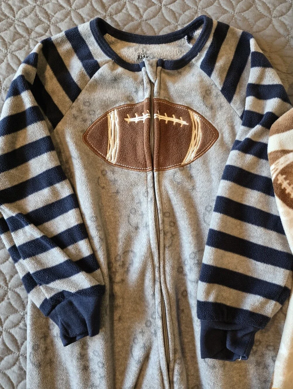 Toddler Football Themed Full Zip Up Footie Fleece Pajamas, 5T, Blue, Gray, Brown